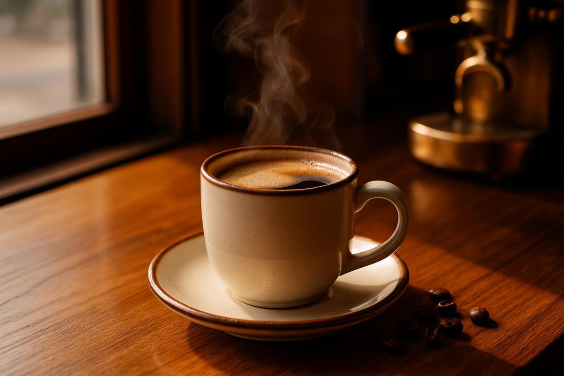 Americano in a ceramic mug on an oak café counter