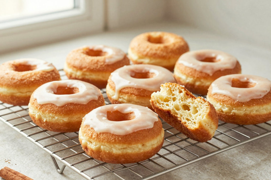 Fresh apple cider cake doughnuts on a wire cooling rack, one broken open to show the tender inside
