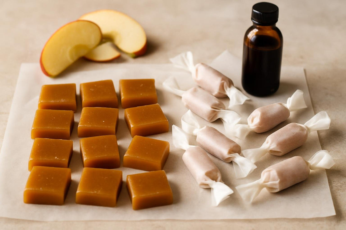 Apple Cider Caramels cut and wrapped in wax paper
