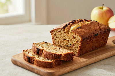 A loaf of apple cinnamon bread on a wooden board, two thick slices cut to show the moist crumb