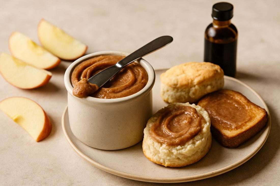Apple Cinnamon Butter in a crock with warm biscuits