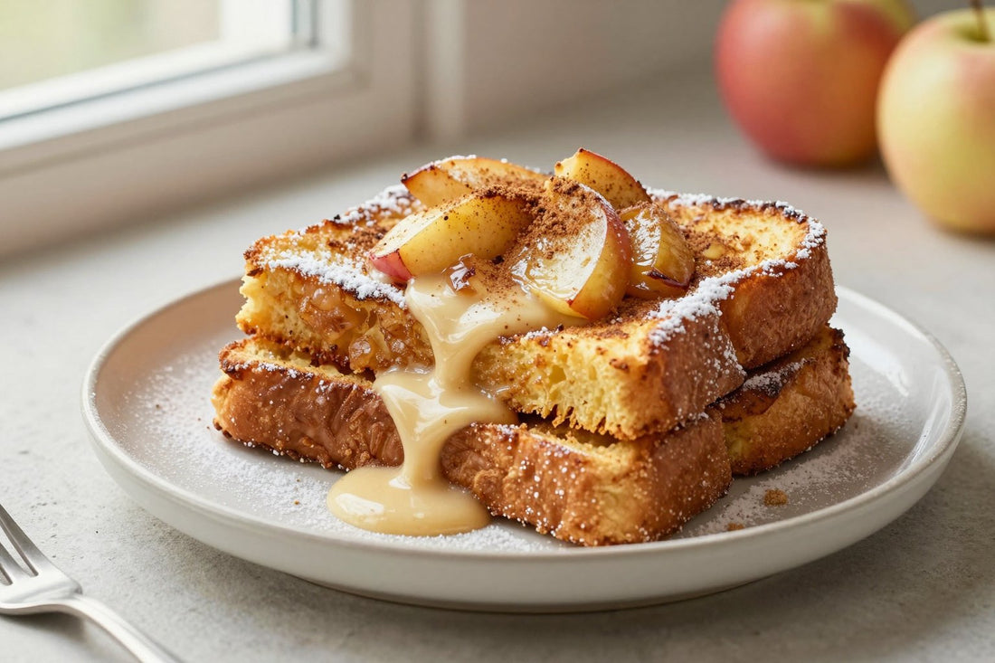A stack of thick golden slices of apple cinnamon french toast on a plate, dusted with powdered sugar
