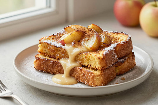 A stack of thick golden slices of apple cinnamon french toast on a plate, dusted with powdered sugar