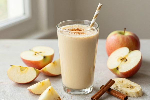 A tall glass of thick, creamy apple cinnamon protein shake with a straw, a few of its fresh ingredients beside it