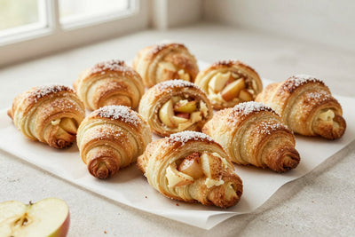 Crescent-shaped apple cinnamon rugelach on parchment, the filling spiraled inside