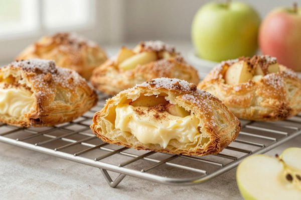 Golden apple cream cheese turnovers on a wire rack, one cut open to show the filling