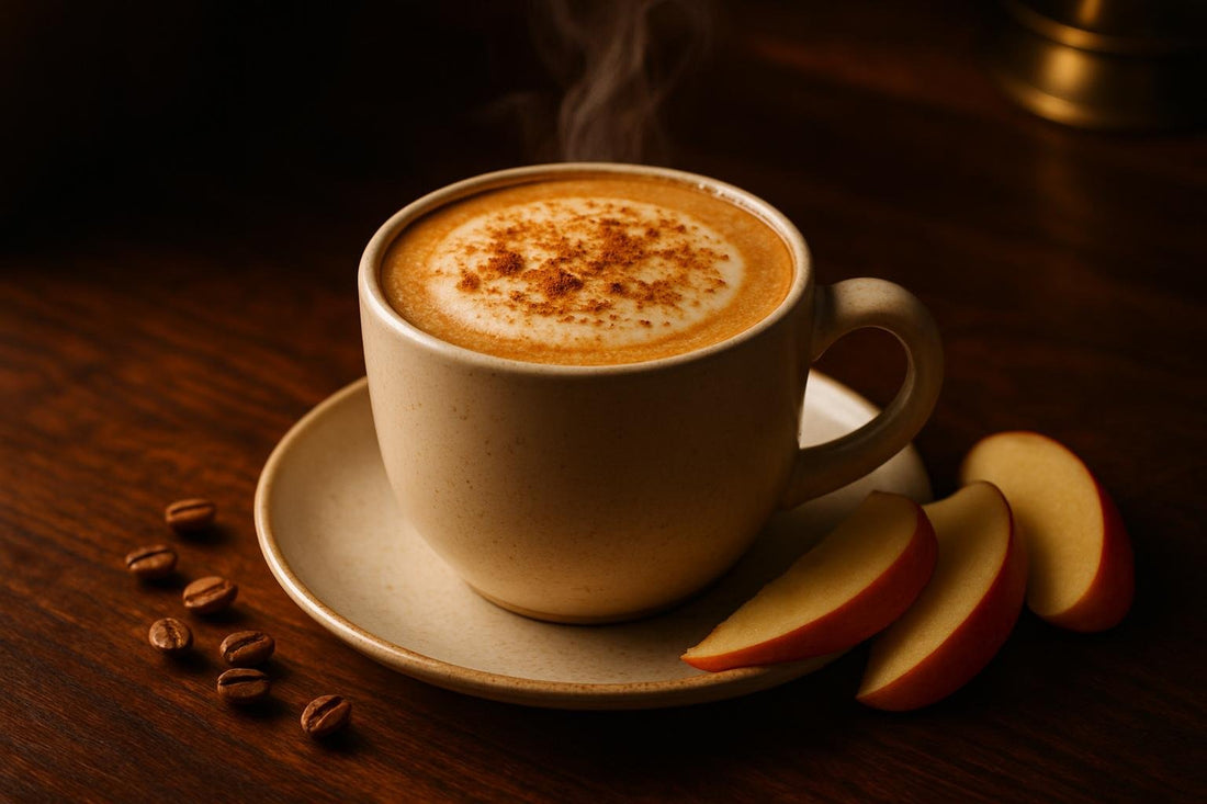 Apple Crisp Latte in a ceramic mug on an oak bar