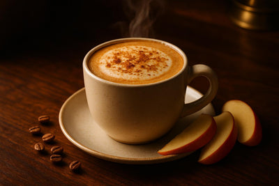 Apple Crisp Latte in a ceramic mug on an oak bar