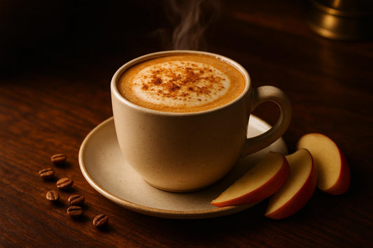 Apple Crisp Latte in a ceramic mug on an oak bar