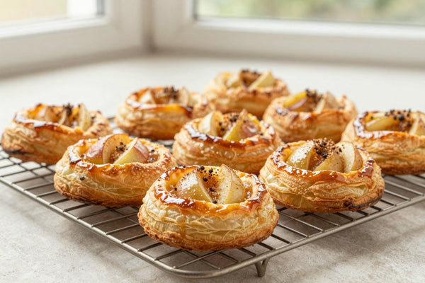 Apple danish on a wire rack, the glossy filling visible in the center of each pastry