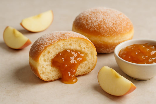 Filled doughnut cut open to show apple jam filling