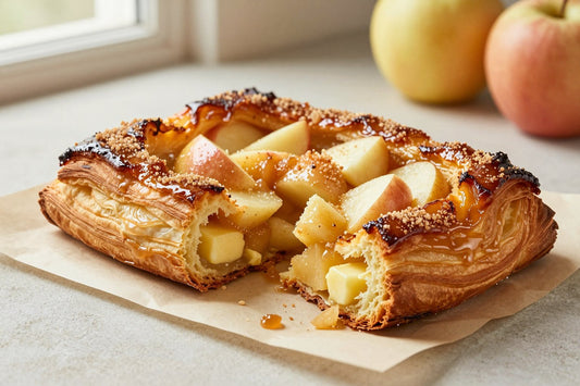 Caramelized, crackly apple kouign-amann on parchment, one torn open to show the buttery layers
