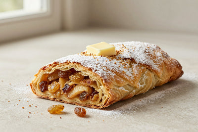 A sliced apple raisin strudel dusted with powdered sugar, showing the swirl of filling and flaky layers