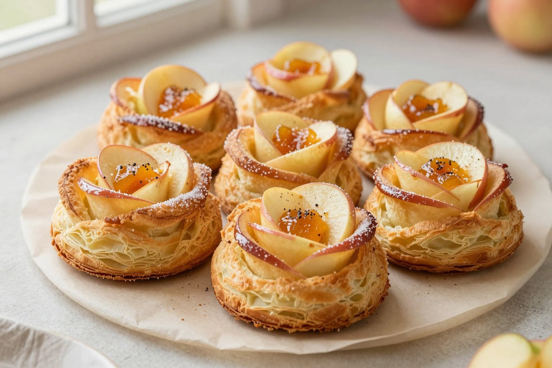 Apple roses on parchment, showing crisp, flaky, deep golden layers