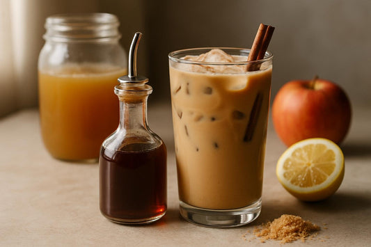 A small glass bottle of apple syrup with a pour spout, beside an iced latte sweetened with it