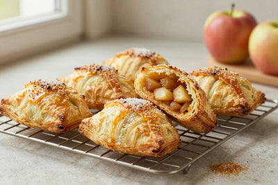 Golden apple turnovers on a wire rack, one cut open to show the filling