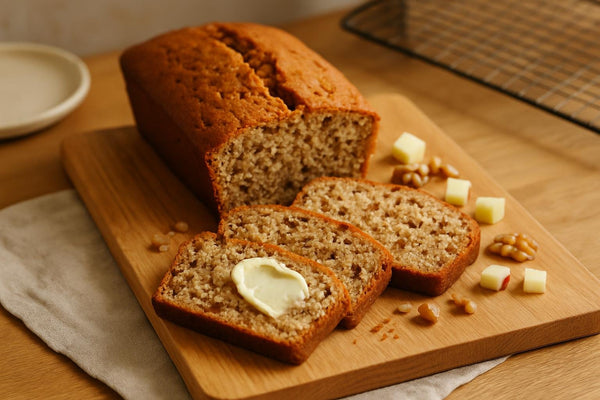 Apple Walnut Bread loaf with sliced pieces on an oak board