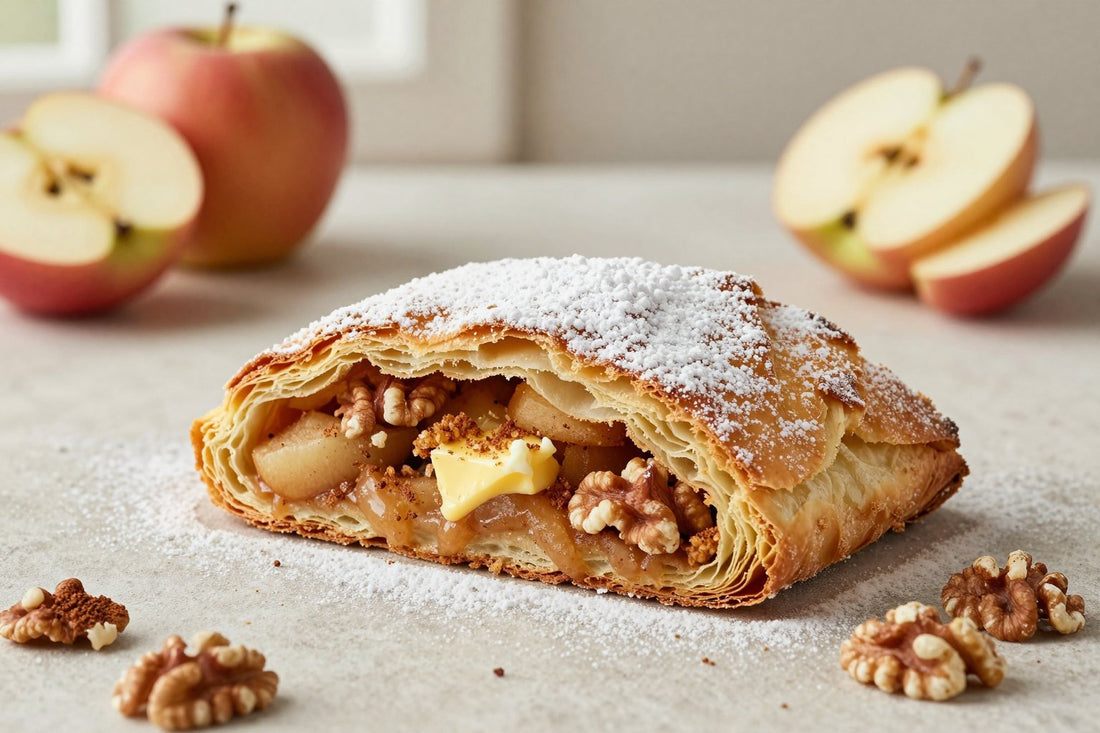 A sliced apple walnut strudel dusted with powdered sugar, showing the swirl of filling and flaky layers