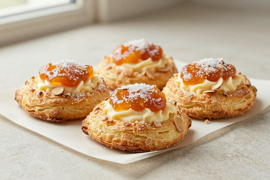 Apricot almond puff pastry on parchment, showing crisp, flaky, deep golden layers