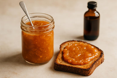 Jar of apricot almond spread with toast