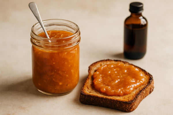 Jar of apricot almond spread with toast