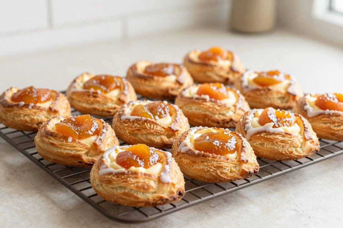 Apricot danish on a wire rack, the glossy filling visible in the center of each pastry