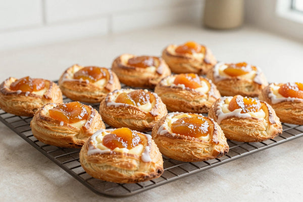 Apricot danish on a wire rack, the glossy filling visible in the center of each pastry