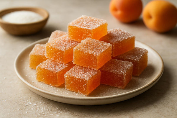 Squares of apricot fruit jellies rolled in sugar