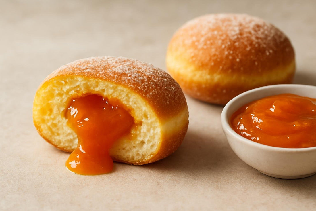 Filled doughnut cut open to show apricot jam filling