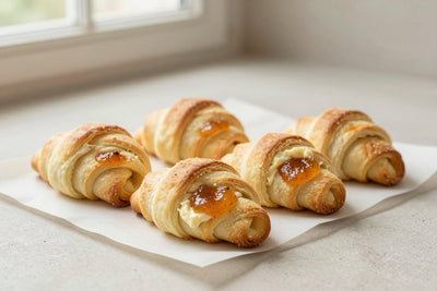 Crescent-shaped apricot rugelach on parchment, the filling spiraled inside