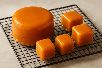 Cake coated in glossy apricot shiny icing