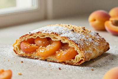 A sliced apricot strudel dusted with powdered sugar, showing the swirl of filling and flaky layers