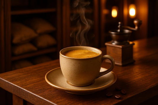 Arabic Coffee in a ceramic mug on an oak bar