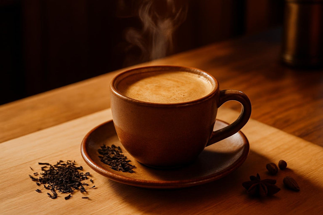 Assam Tea in a ceramic mug on an oak kitchen island