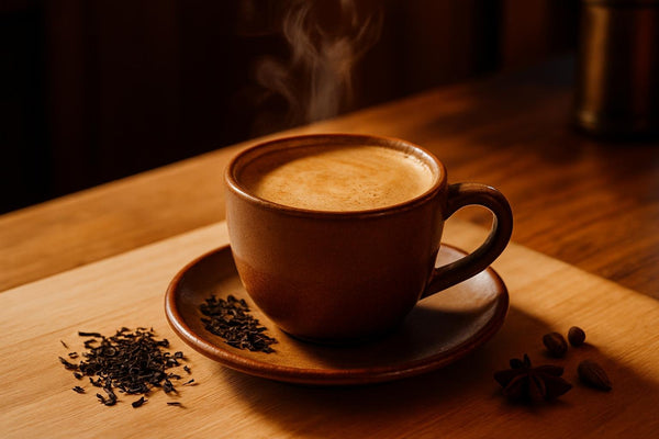 Assam Tea in a ceramic mug on an oak kitchen island