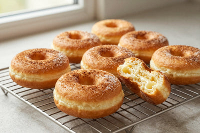 Fresh baked cake doughnuts on a wire cooling rack, one broken open to show the tender inside