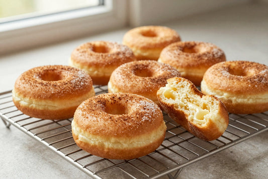 Fresh baked cake doughnuts on a wire cooling rack, one broken open to show the tender inside