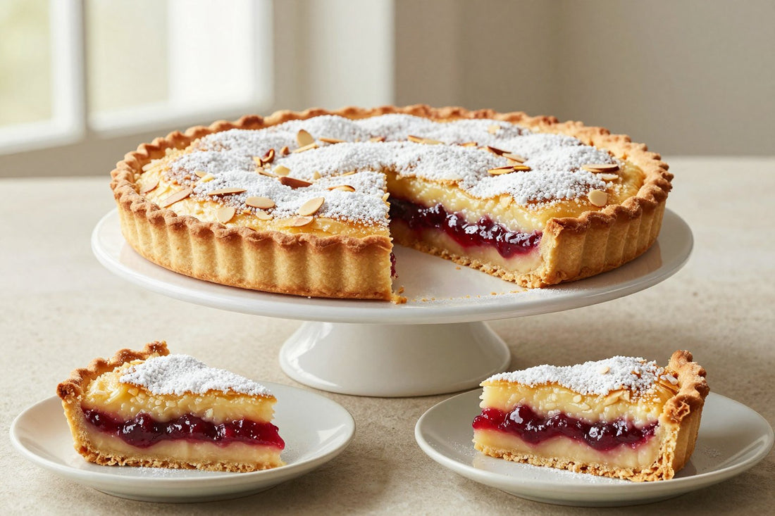 A bakewell-style tart on a cake stand with one slice cut out and served on a small plate