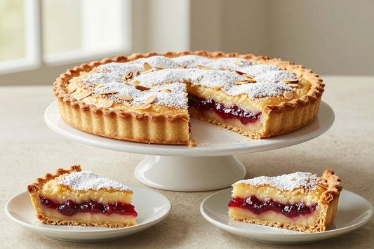 A bakewell-style tart on a cake stand with one slice cut out and served on a small plate