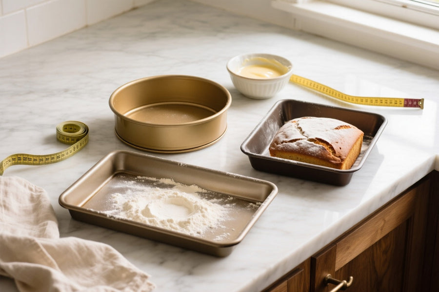 Three empty baking pans in different shapes and sizes on marble counter with measuring tape for pan size conversion