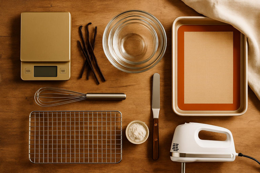 Essential baking starter kit with scale, mixing bowls, sheet pan, whisk, cooling rack, spatula, and hand mixer on white
