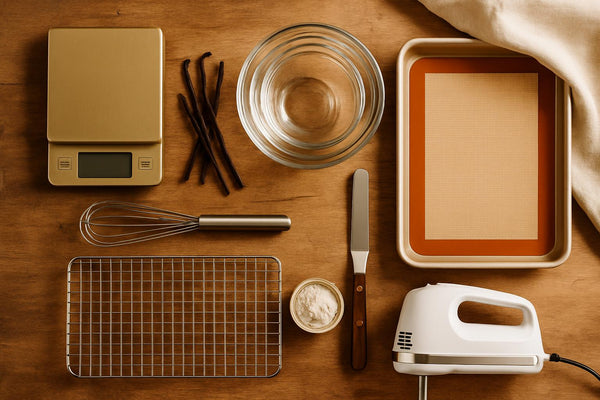 Essential baking starter kit with scale, mixing bowls, sheet pan, whisk, cooling rack, spatula, and hand mixer on white