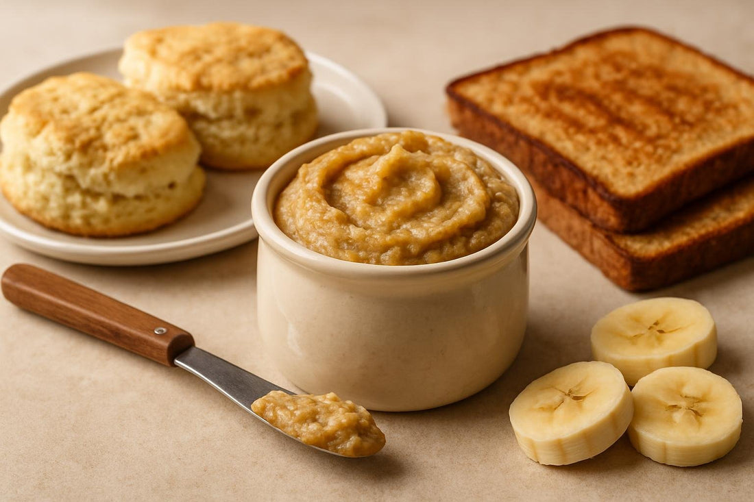 Banana Bread Butter in a crock with warm biscuits