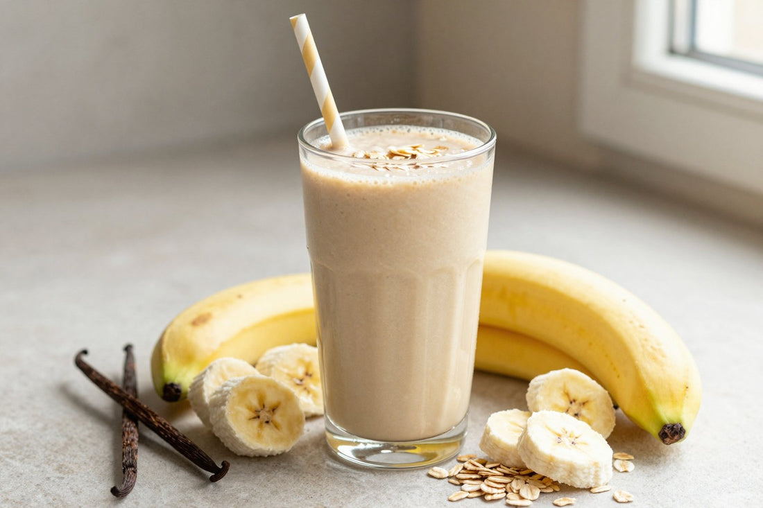 A tall glass of thick, creamy banana bread protein shake with a straw, a few of its fresh ingredients beside it