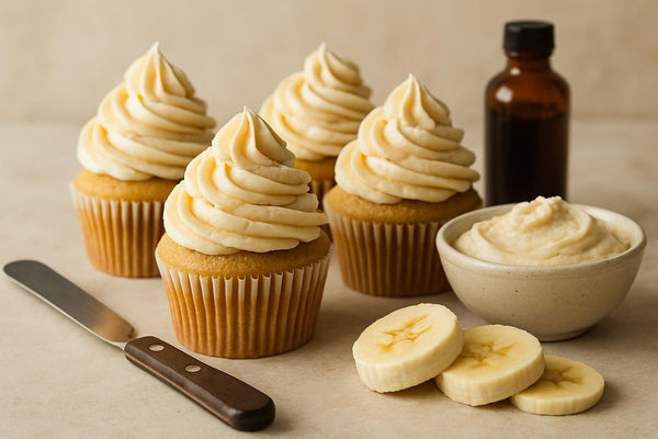Cupcakes piped with banana buttercream frosting