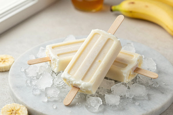 Three banana cream popsicles on a bed of crushed ice on a light marble surface, one with a bite taken out