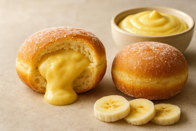 Filled doughnut cut open to show banana custard