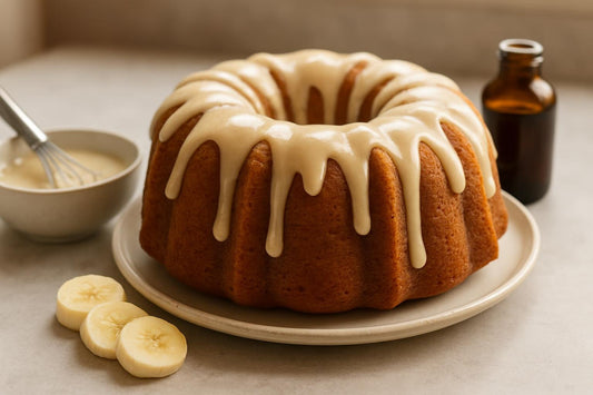 Bundt cake drizzled with banana icing