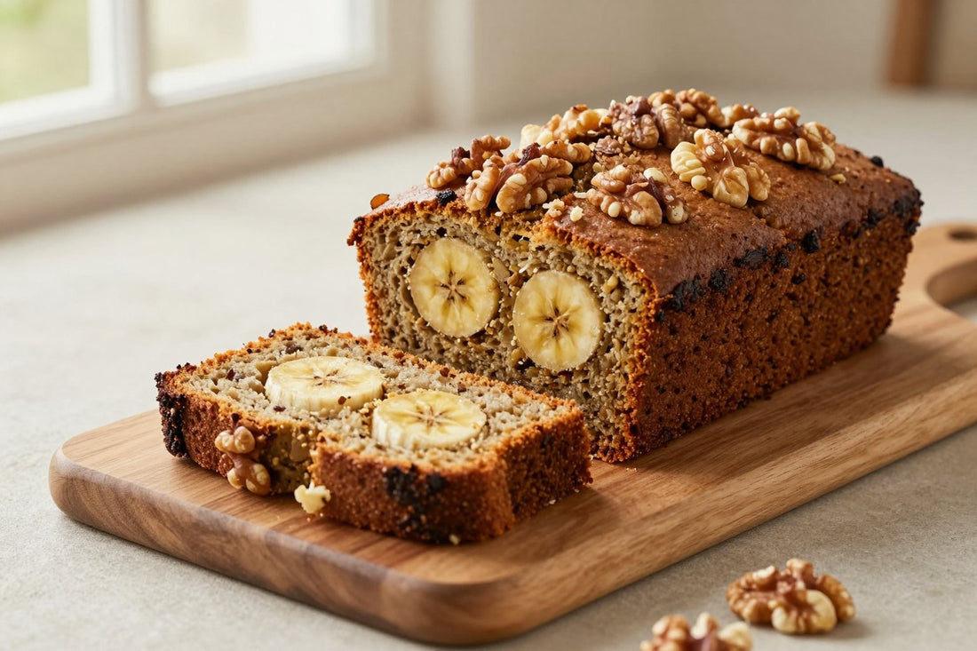 A loaf of banana nut bread on a wooden board, two thick slices cut to show the moist crumb
