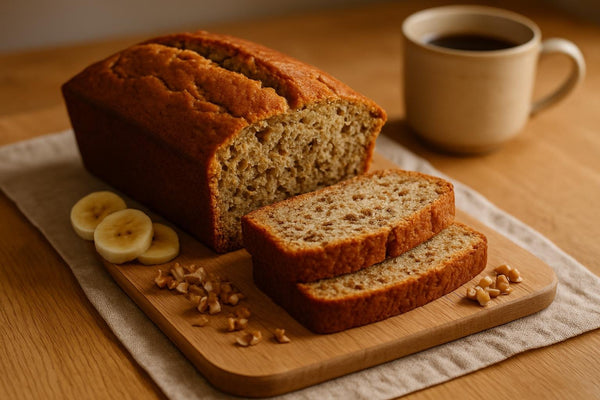 Banana Nut Bread loaf with sliced pieces on an oak board